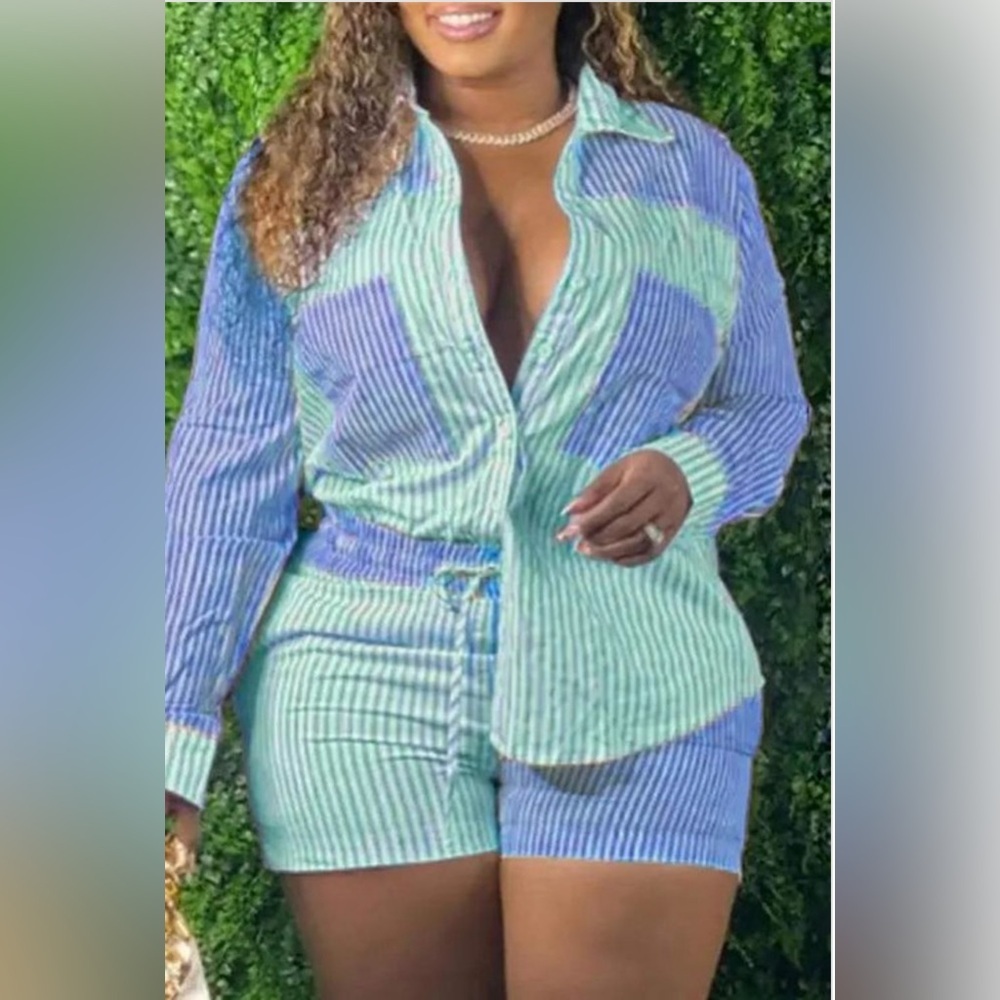 GREEN/BLUE COLORBLOCK STRIPED PRINT SHIRT DRAWSTRING SHORTS SET